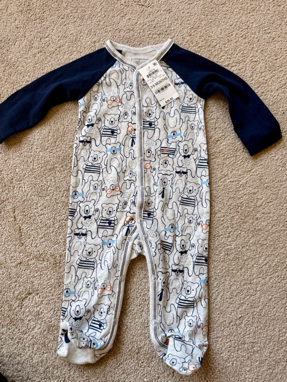 First Impressions Navy Sleeve Bear-Print Footed One-Piece